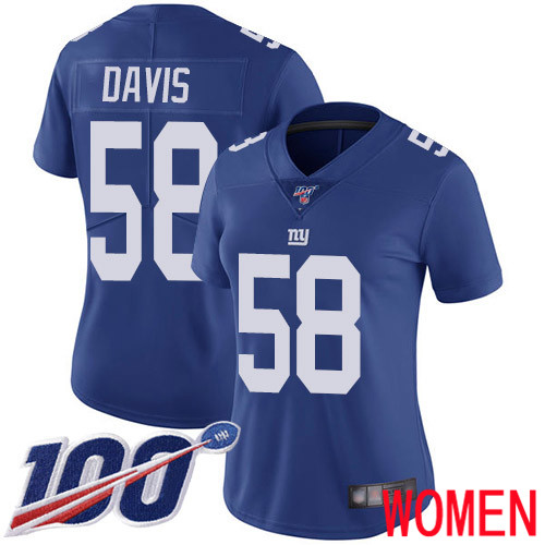 Women New York Giants #58 Tae Davis Royal Blue Team Color Vapor Untouchable Limited Player 100th Season Football NFL Jersey->women nfl jersey->Women Jersey